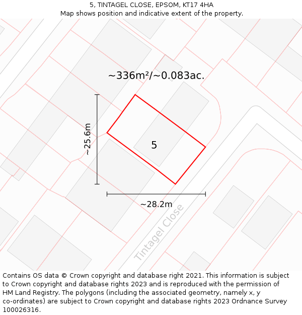 5, TINTAGEL CLOSE, EPSOM, KT17 4HA: Plot and title map