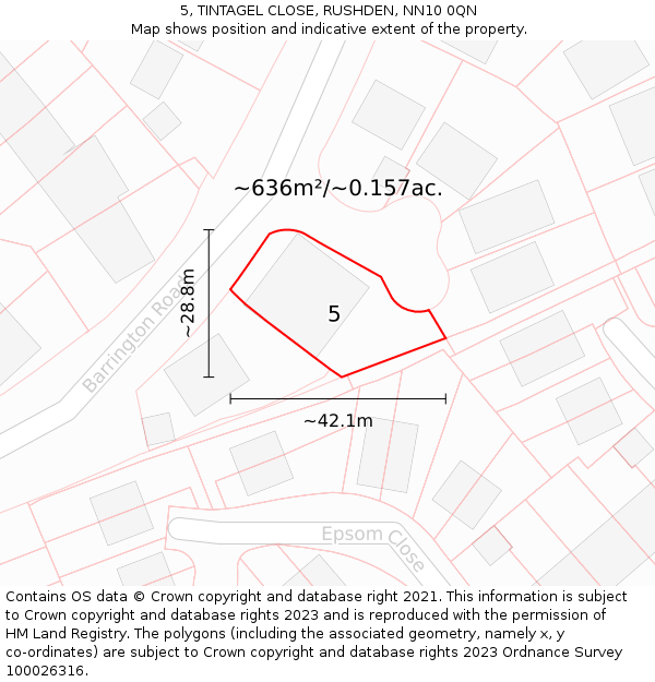 5, TINTAGEL CLOSE, RUSHDEN, NN10 0QN: Plot and title map