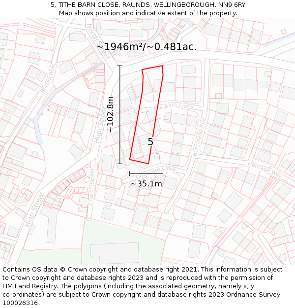 5, TITHE BARN CLOSE, RAUNDS, WELLINGBOROUGH, NN9 6RY: Plot and title map