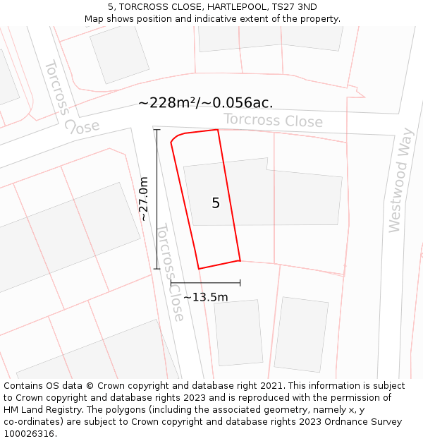 5, TORCROSS CLOSE, HARTLEPOOL, TS27 3ND: Plot and title map