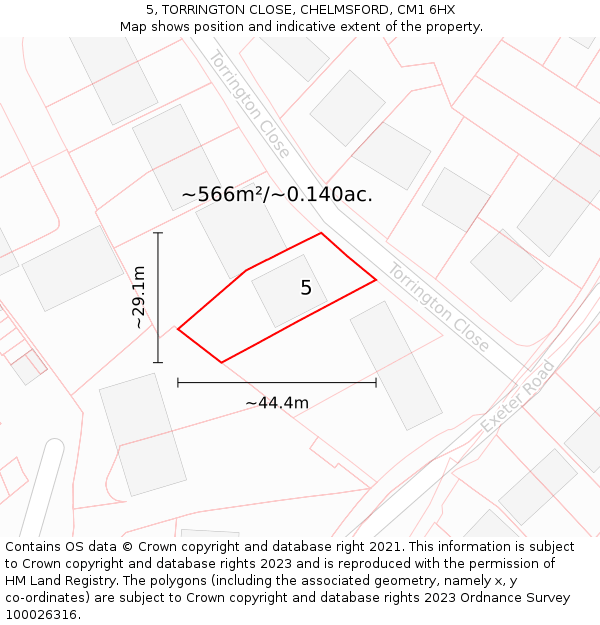 5, TORRINGTON CLOSE, CHELMSFORD, CM1 6HX: Plot and title map