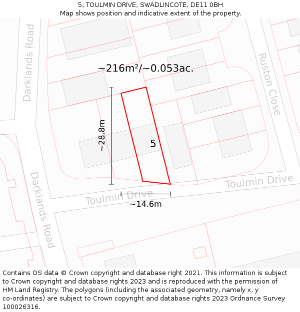5, TOULMIN DRIVE, SWADLINCOTE, DE11 0BH: Plot and title map