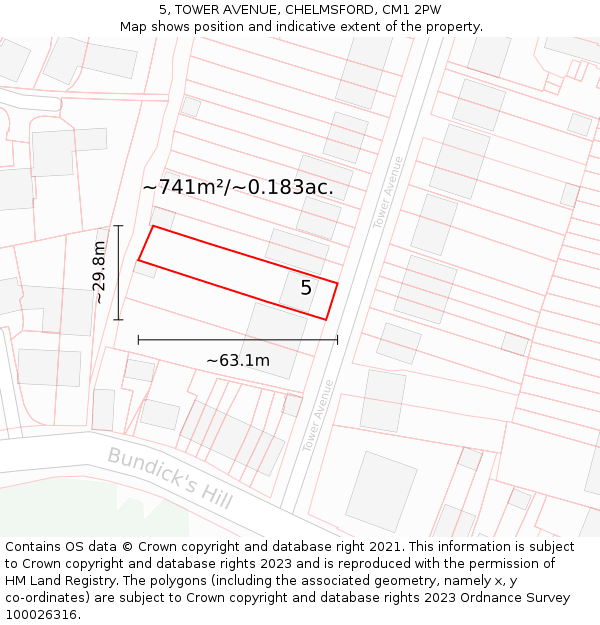 5, TOWER AVENUE, CHELMSFORD, CM1 2PW: Plot and title map