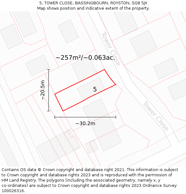 5, TOWER CLOSE, BASSINGBOURN, ROYSTON, SG8 5JX: Plot and title map