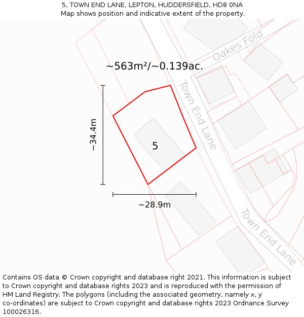 5, TOWN END LANE, LEPTON, HUDDERSFIELD, HD8 0NA: Plot and title map