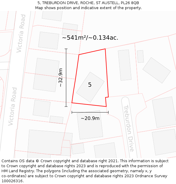 5, TREBURDON DRIVE, ROCHE, ST AUSTELL, PL26 8QB: Plot and title map