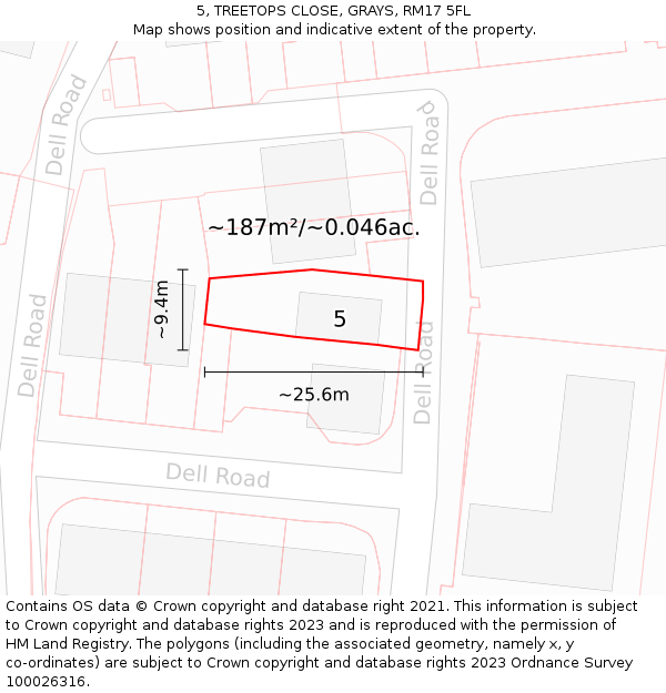 5, TREETOPS CLOSE, GRAYS, RM17 5FL: Plot and title map