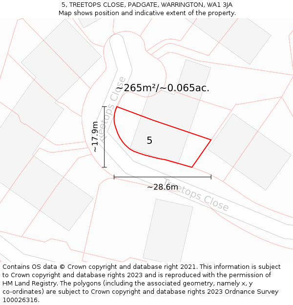 5, TREETOPS CLOSE, PADGATE, WARRINGTON, WA1 3JA: Plot and title map