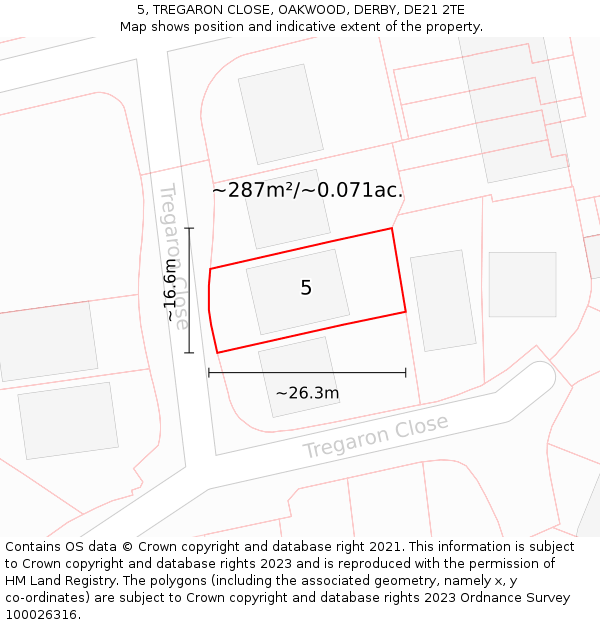 5, TREGARON CLOSE, OAKWOOD, DERBY, DE21 2TE: Plot and title map