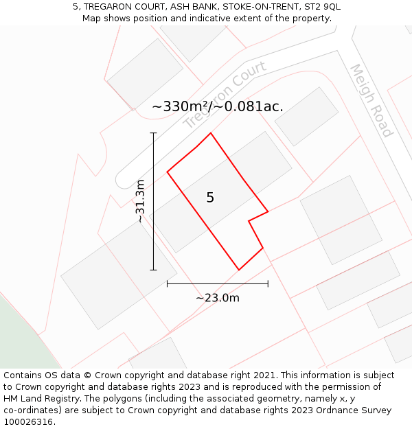 5, TREGARON COURT, ASH BANK, STOKE-ON-TRENT, ST2 9QL: Plot and title map