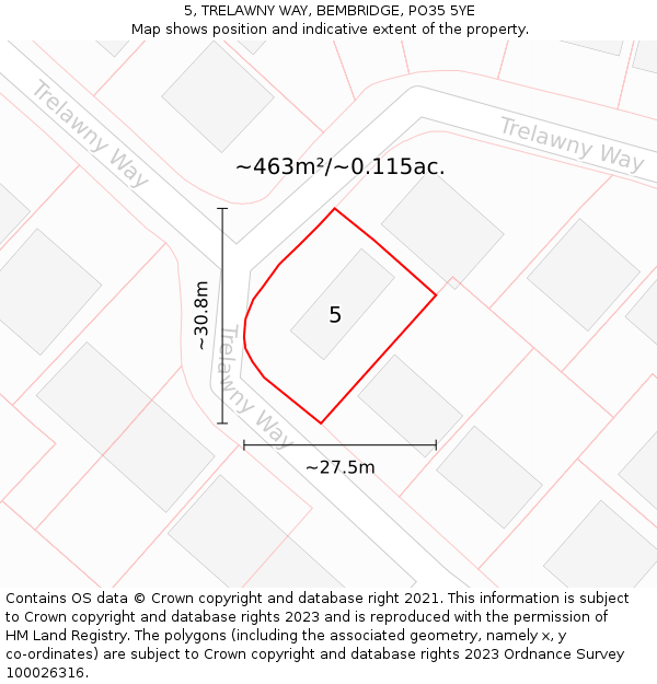 5, TRELAWNY WAY, BEMBRIDGE, PO35 5YE: Plot and title map