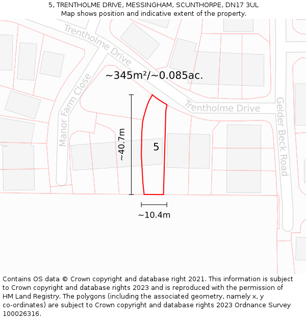 5, TRENTHOLME DRIVE, MESSINGHAM, SCUNTHORPE, DN17 3UL: Plot and title map