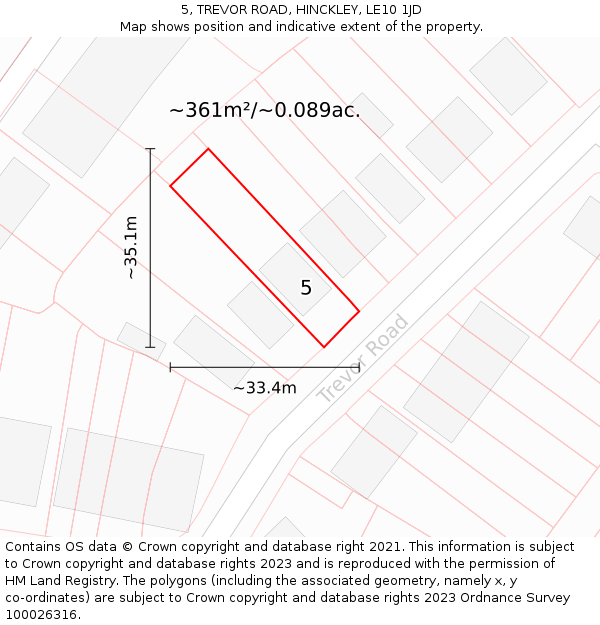 5, TREVOR ROAD, HINCKLEY, LE10 1JD: Plot and title map