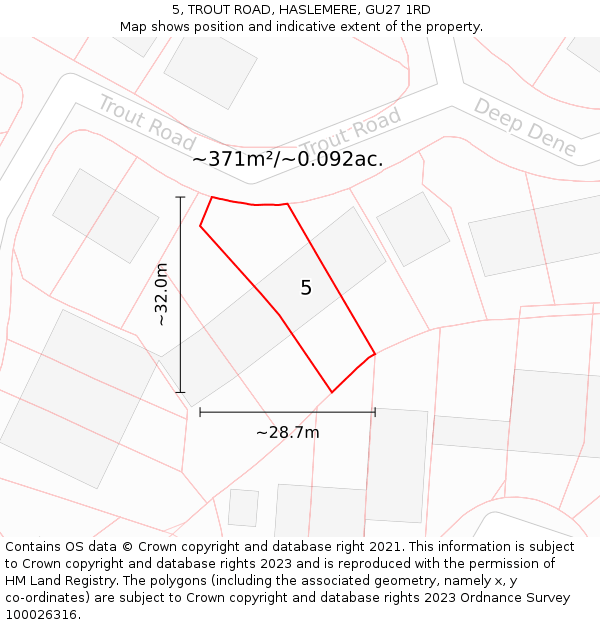 5, TROUT ROAD, HASLEMERE, GU27 1RD: Plot and title map
