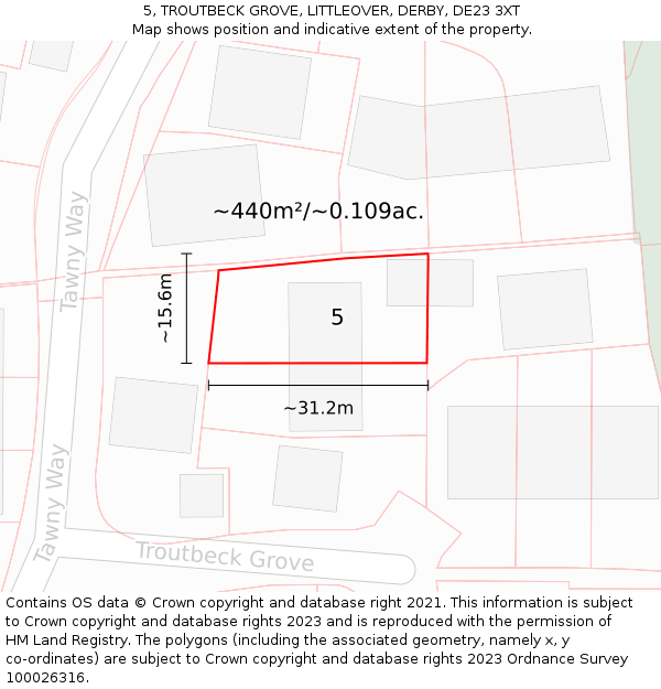 5, TROUTBECK GROVE, LITTLEOVER, DERBY, DE23 3XT: Plot and title map