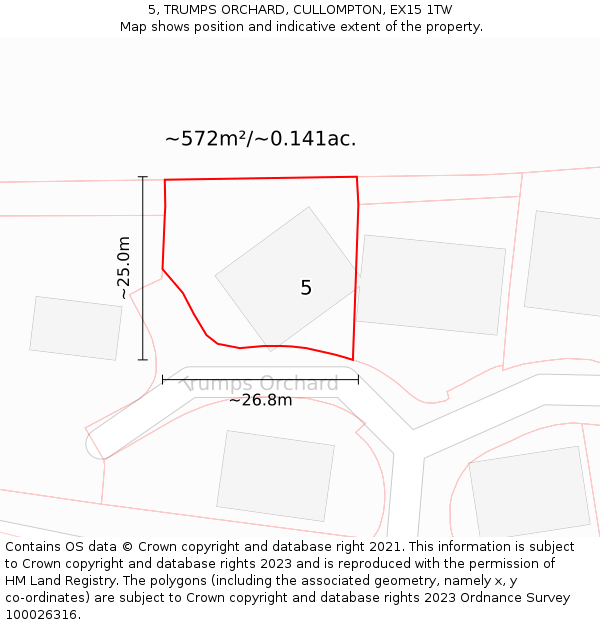 5, TRUMPS ORCHARD, CULLOMPTON, EX15 1TW: Plot and title map