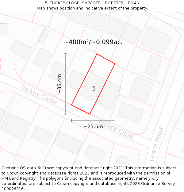 5, TUCKEY CLOSE, SAPCOTE, LEICESTER, LE9 4JY: Plot and title map