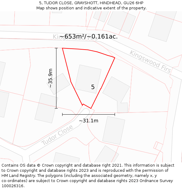 5, TUDOR CLOSE, GRAYSHOTT, HINDHEAD, GU26 6HP: Plot and title map