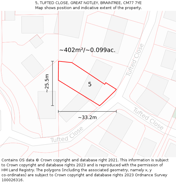 5, TUFTED CLOSE, GREAT NOTLEY, BRAINTREE, CM77 7YE: Plot and title map