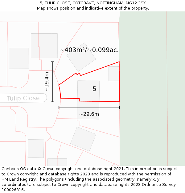 5, TULIP CLOSE, COTGRAVE, NOTTINGHAM, NG12 3SX: Plot and title map