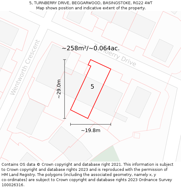 5, TURNBERRY DRIVE, BEGGARWOOD, BASINGSTOKE, RG22 4WT: Plot and title map