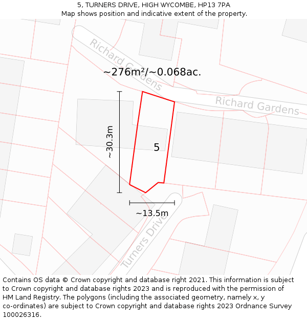 5, TURNERS DRIVE, HIGH WYCOMBE, HP13 7PA: Plot and title map