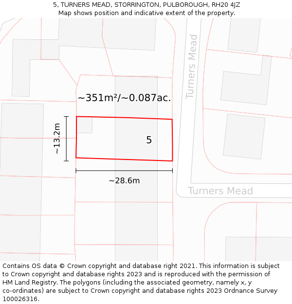 5, TURNERS MEAD, STORRINGTON, PULBOROUGH, RH20 4JZ: Plot and title map