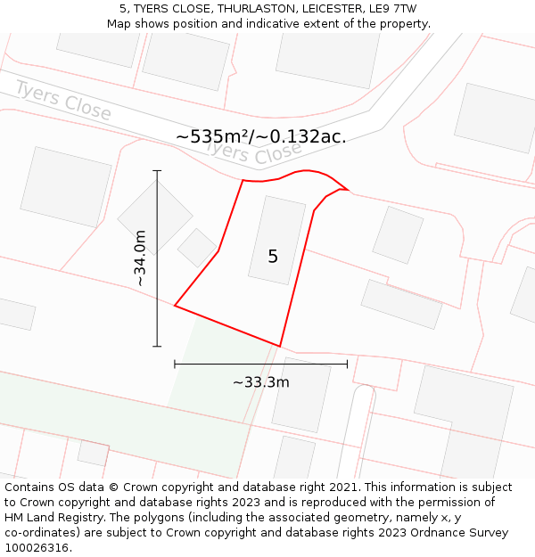 5, TYERS CLOSE, THURLASTON, LEICESTER, LE9 7TW: Plot and title map