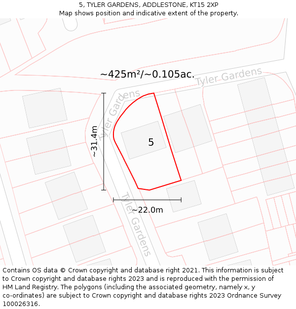 5, TYLER GARDENS, ADDLESTONE, KT15 2XP: Plot and title map