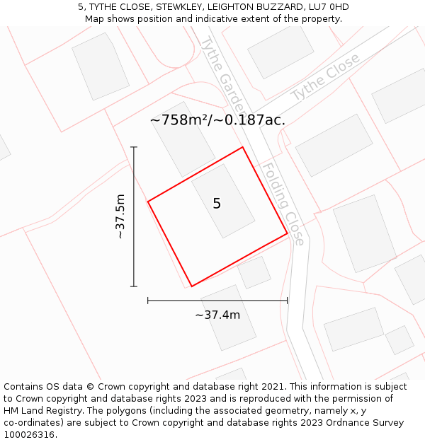 5, TYTHE CLOSE, STEWKLEY, LEIGHTON BUZZARD, LU7 0HD: Plot and title map