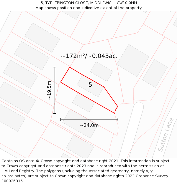 5, TYTHERINGTON CLOSE, MIDDLEWICH, CW10 0NN: Plot and title map