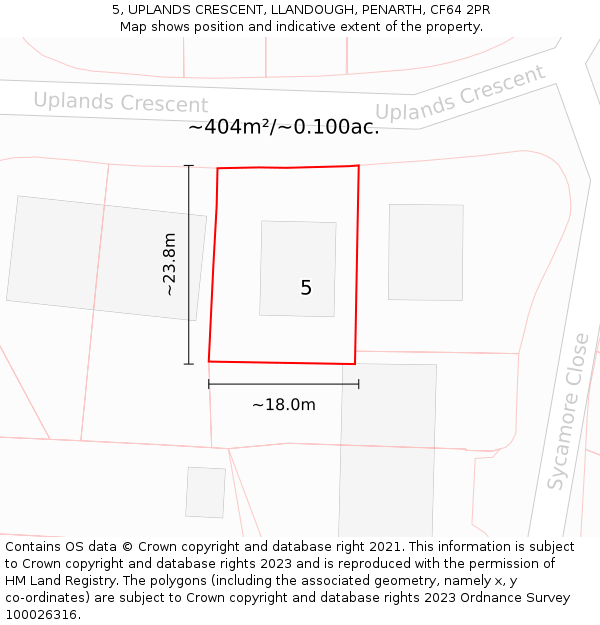 5, UPLANDS CRESCENT, LLANDOUGH, PENARTH, CF64 2PR: Plot and title map