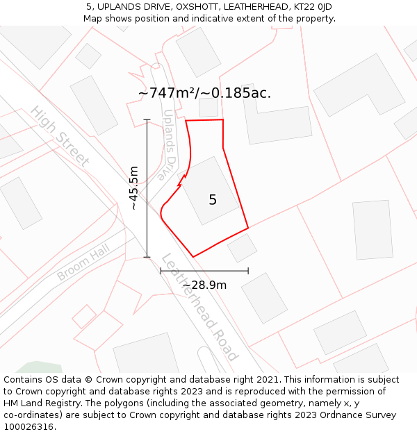 5, UPLANDS DRIVE, OXSHOTT, LEATHERHEAD, KT22 0JD: Plot and title map