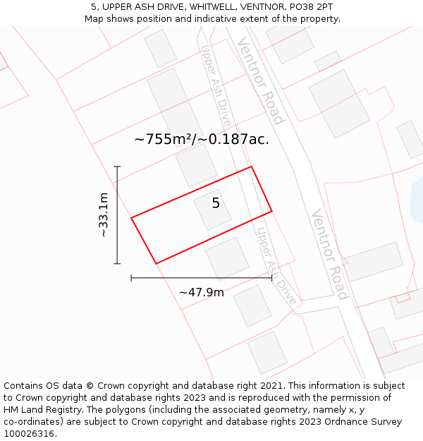 5, UPPER ASH DRIVE, WHITWELL, VENTNOR, PO38 2PT: Plot and title map