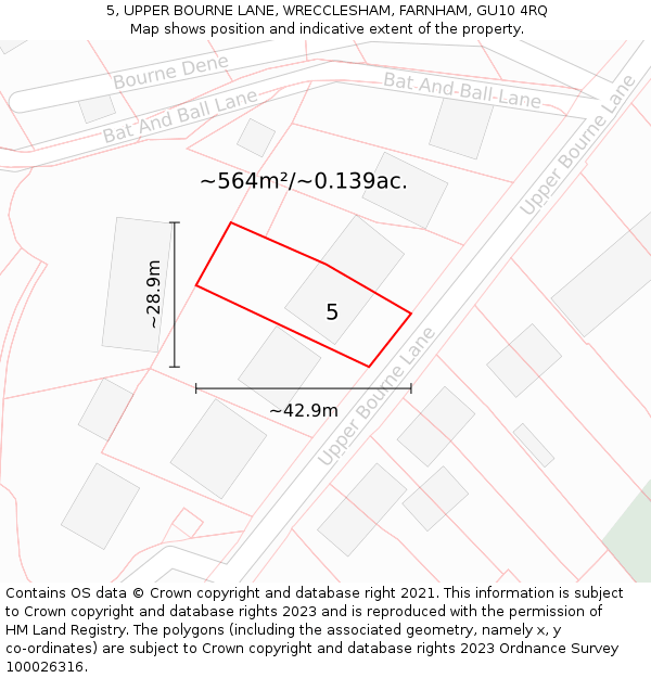 5, UPPER BOURNE LANE, WRECCLESHAM, FARNHAM, GU10 4RQ: Plot and title map