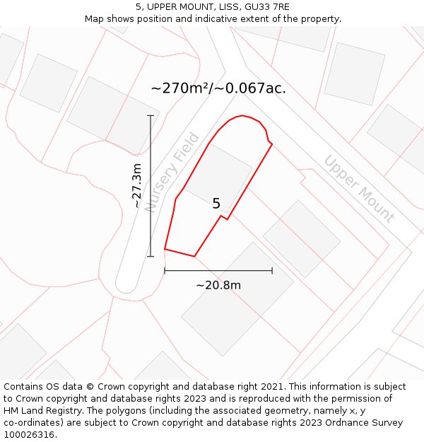 5, UPPER MOUNT, LISS, GU33 7RE: Plot and title map