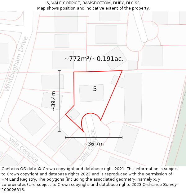 5, VALE COPPICE, RAMSBOTTOM, BURY, BL0 9FJ: Plot and title map