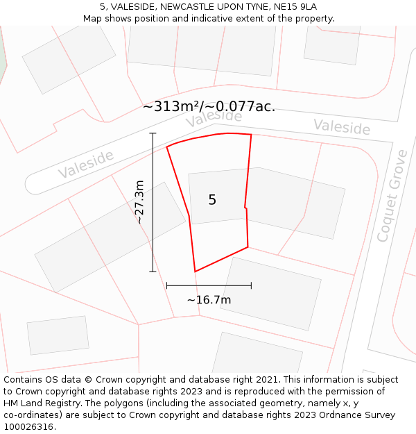 5, VALESIDE, NEWCASTLE UPON TYNE, NE15 9LA: Plot and title map