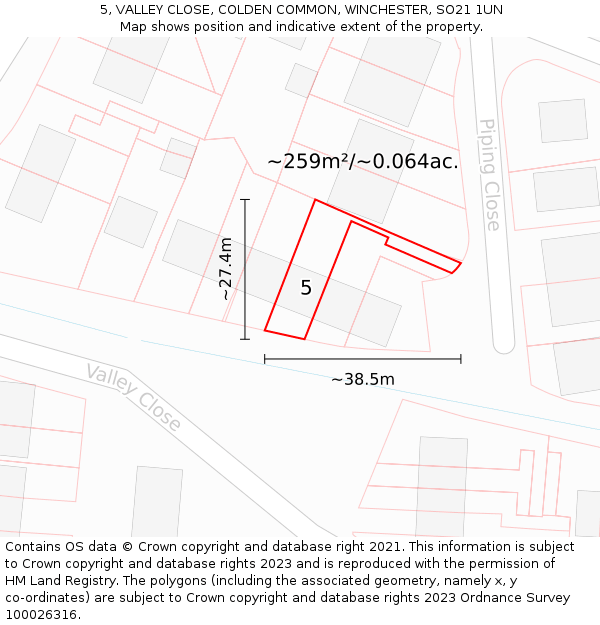 5, VALLEY CLOSE, COLDEN COMMON, WINCHESTER, SO21 1UN: Plot and title map