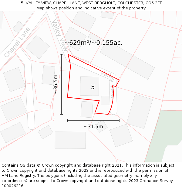5, VALLEY VIEW, CHAPEL LANE, WEST BERGHOLT, COLCHESTER, CO6 3EF: Plot and title map