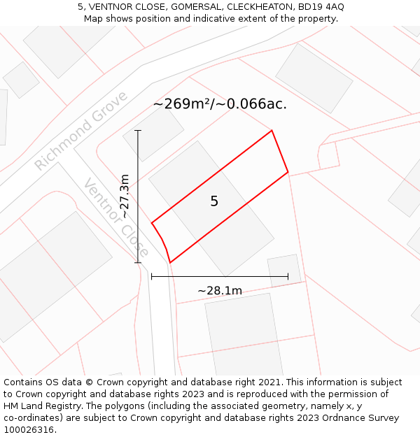 5, VENTNOR CLOSE, GOMERSAL, CLECKHEATON, BD19 4AQ: Plot and title map