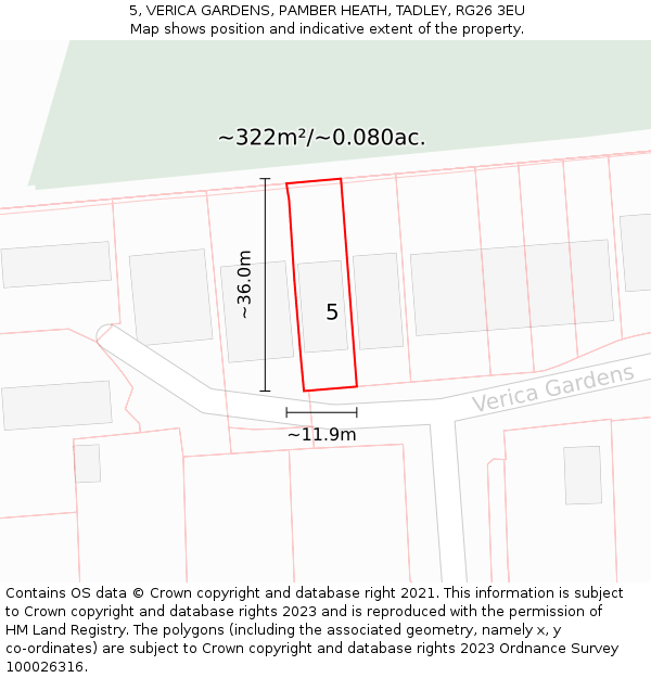 5, VERICA GARDENS, PAMBER HEATH, TADLEY, RG26 3EU: Plot and title map