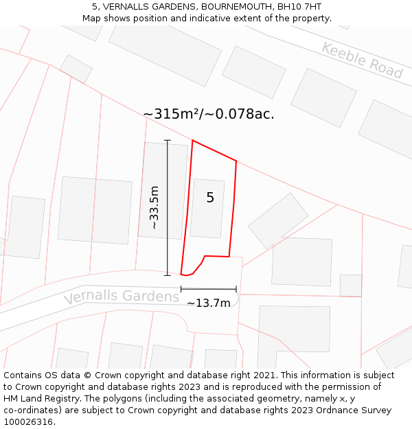 5, VERNALLS GARDENS, BOURNEMOUTH, BH10 7HT: Plot and title map