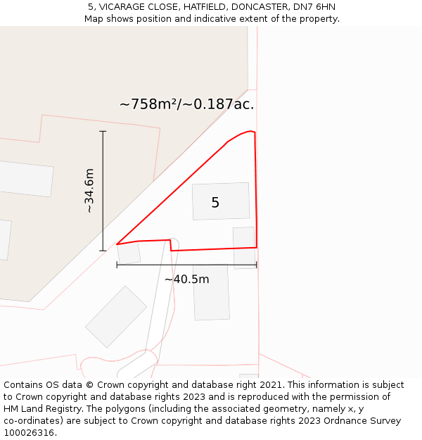 5, VICARAGE CLOSE, HATFIELD, DONCASTER, DN7 6HN: Plot and title map