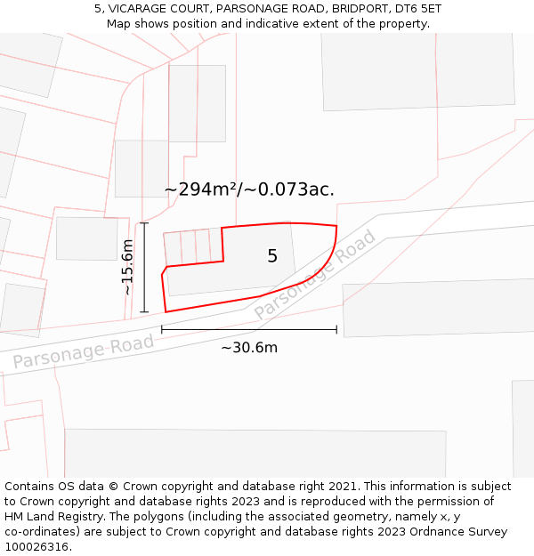 5, VICARAGE COURT, PARSONAGE ROAD, BRIDPORT, DT6 5ET: Plot and title map
