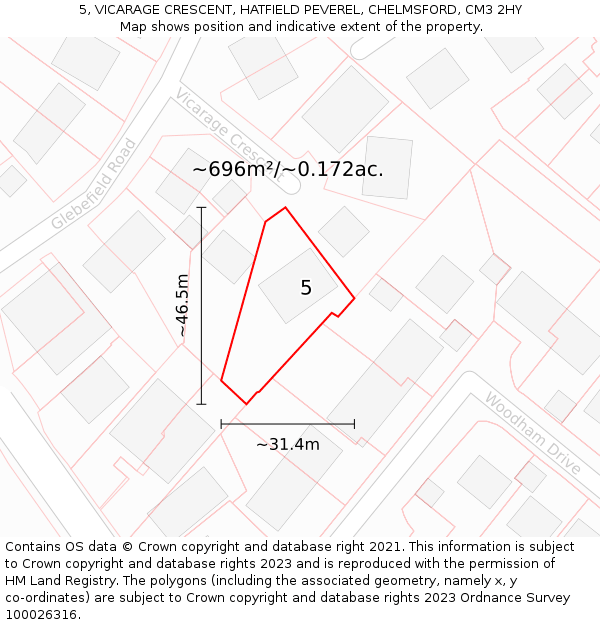5, VICARAGE CRESCENT, HATFIELD PEVEREL, CHELMSFORD, CM3 2HY: Plot and title map