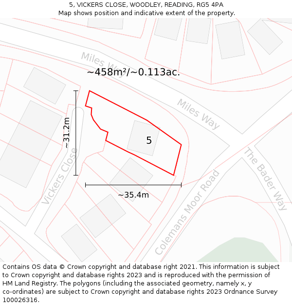 5, VICKERS CLOSE, WOODLEY, READING, RG5 4PA: Plot and title map