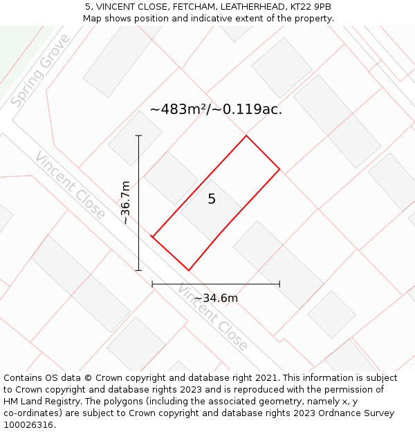 5, VINCENT CLOSE, FETCHAM, LEATHERHEAD, KT22 9PB: Plot and title map