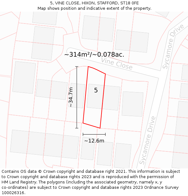 5, VINE CLOSE, HIXON, STAFFORD, ST18 0FE: Plot and title map