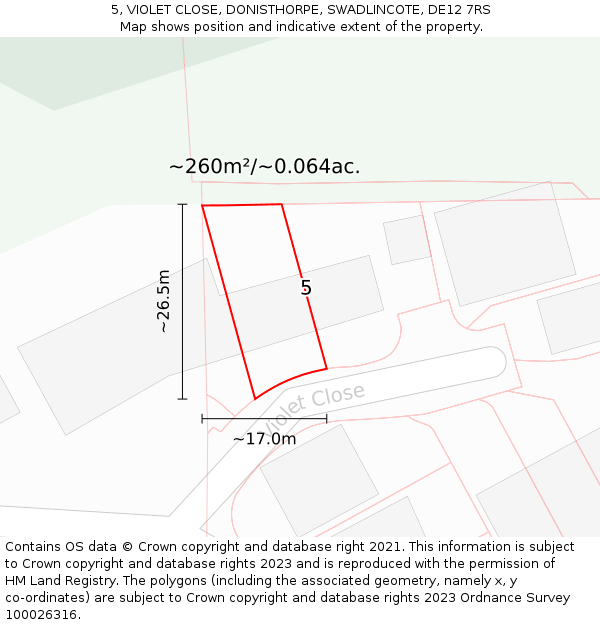 5, VIOLET CLOSE, DONISTHORPE, SWADLINCOTE, DE12 7RS: Plot and title map
